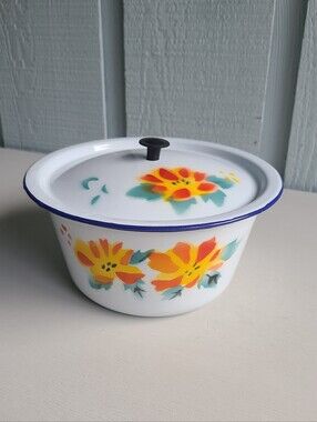 Vintage Enamelware Floral Bowl With Lid MCM